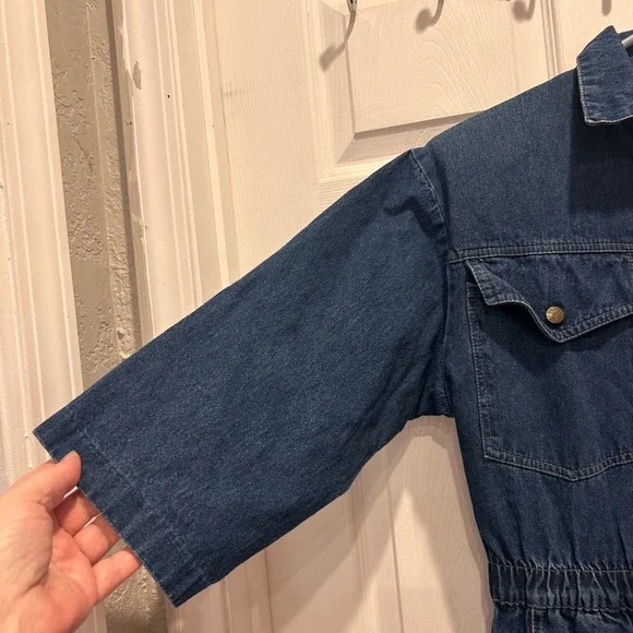 VTG IDEAS Denim Jumpsuit Women Medium Blue Wash Button Front Utility 3/4 Sleeves - Picture 2 of 11
